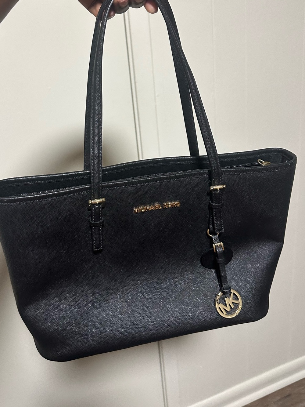 Michael Kors Black Leather Double-Handle Tote with Gold Logo Charm